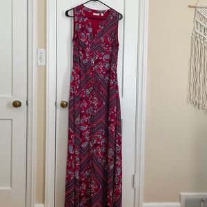 Red floral print button front maxi dress, pockets!
